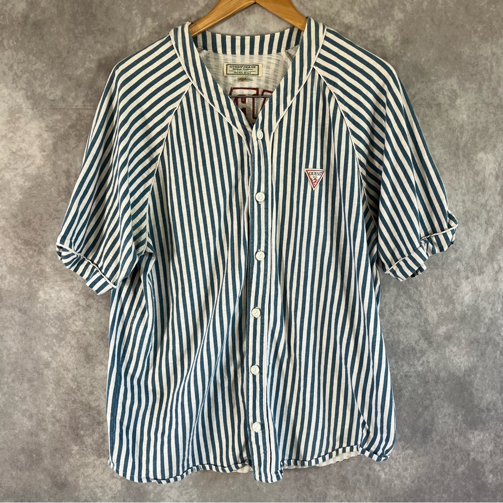 Vintage Guess Baseball Jersey Shirt Men Medium Blue White Stripe‎ Raglan Y2K 90s